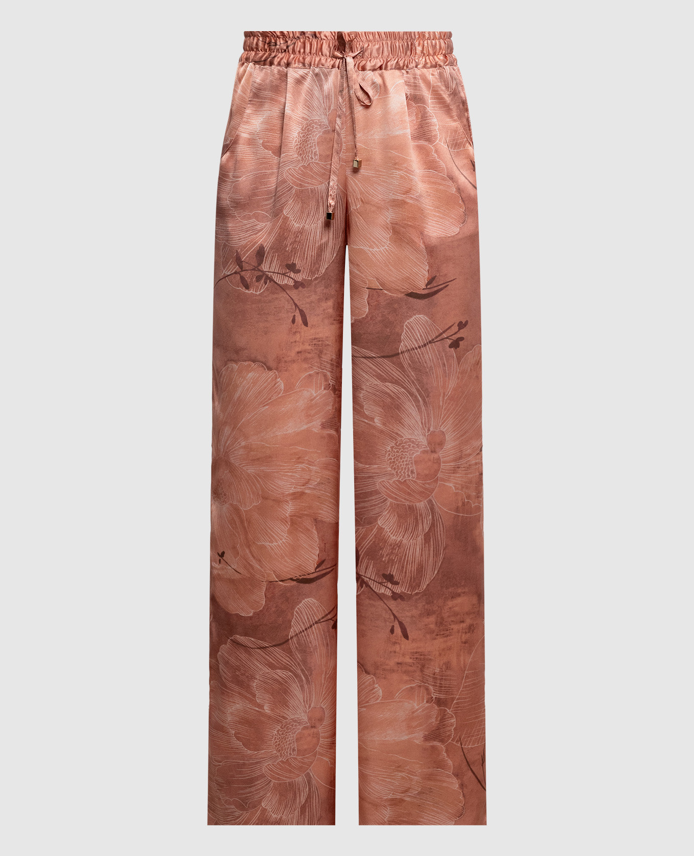 

Розовые брюки из шелка в цветочный принт, Розовый, Прямые брюки