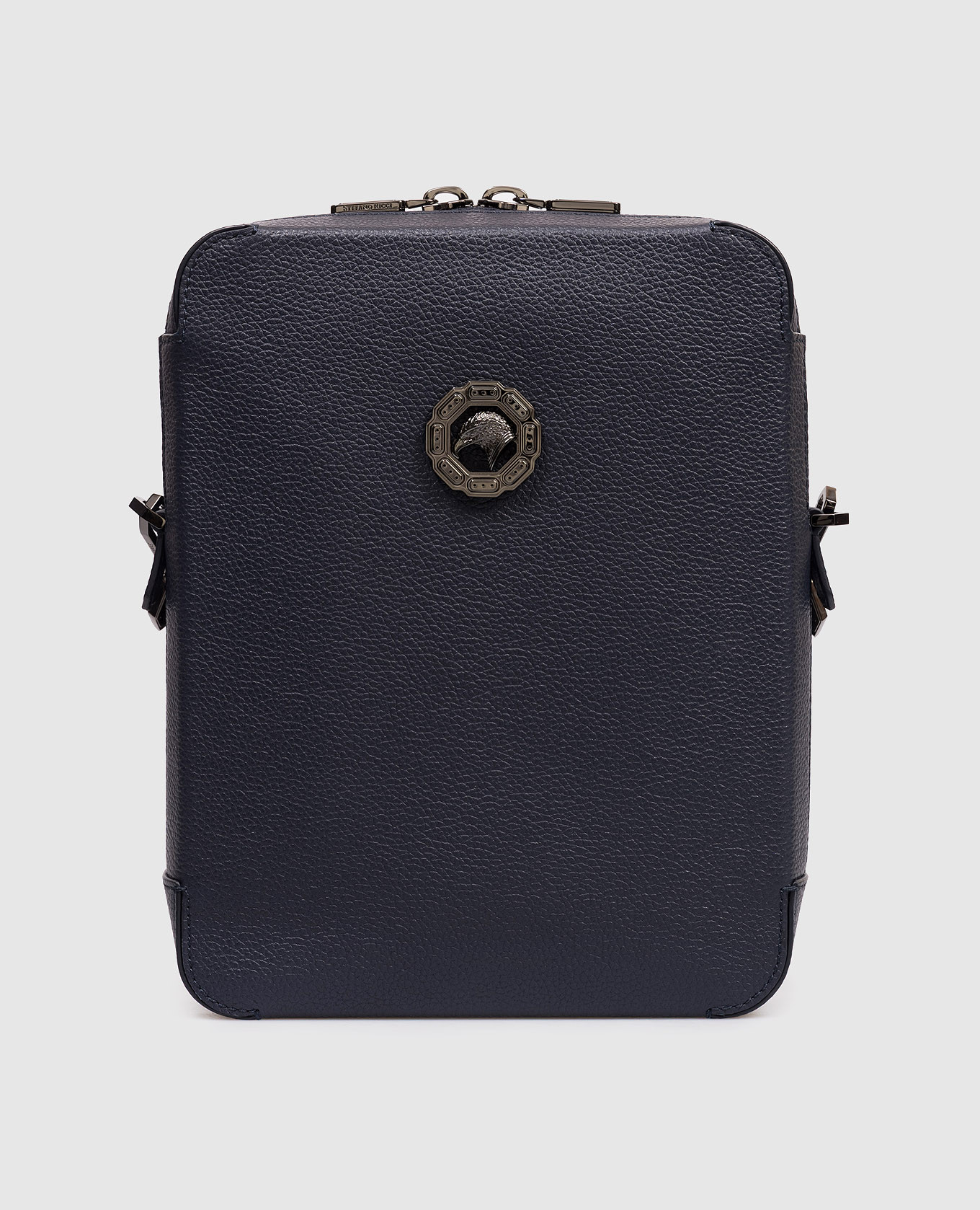 Синяя кожаная сумка с эмблемой в виде головы орла