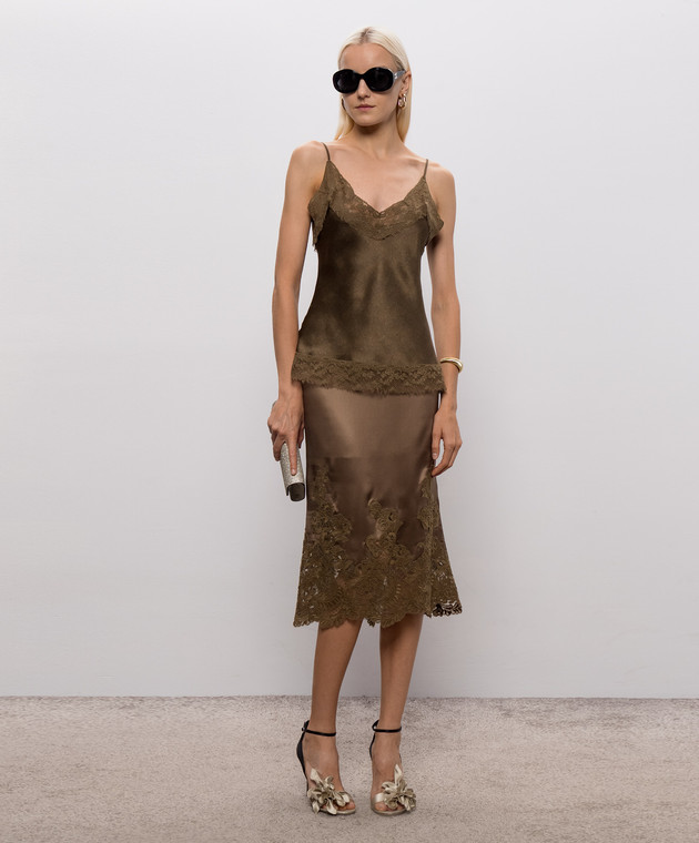 Ermanno Scervino Юбка цвета хаки из шелка с кружевом D492O741APNXE изображение 2