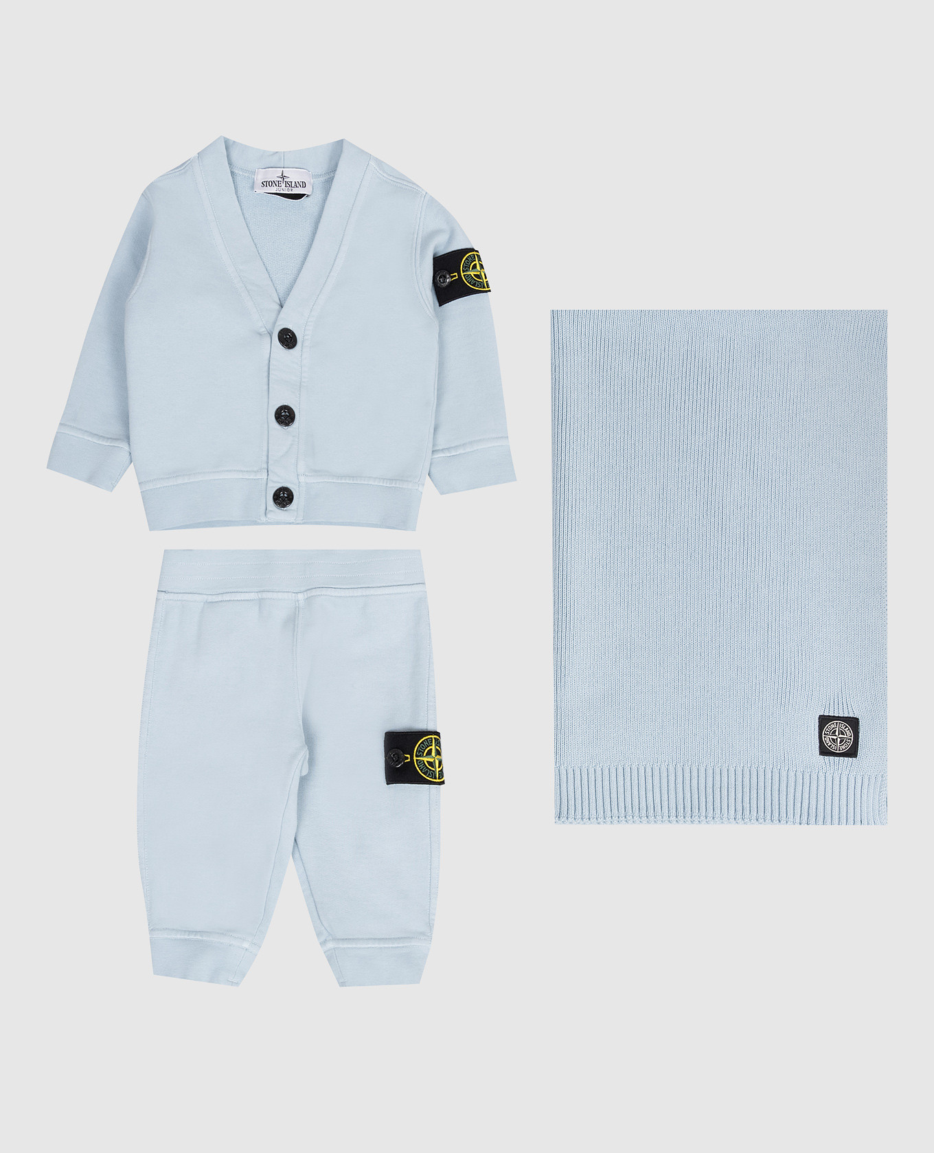 Детский голубой комплект из кардигана, брюк и одеяла