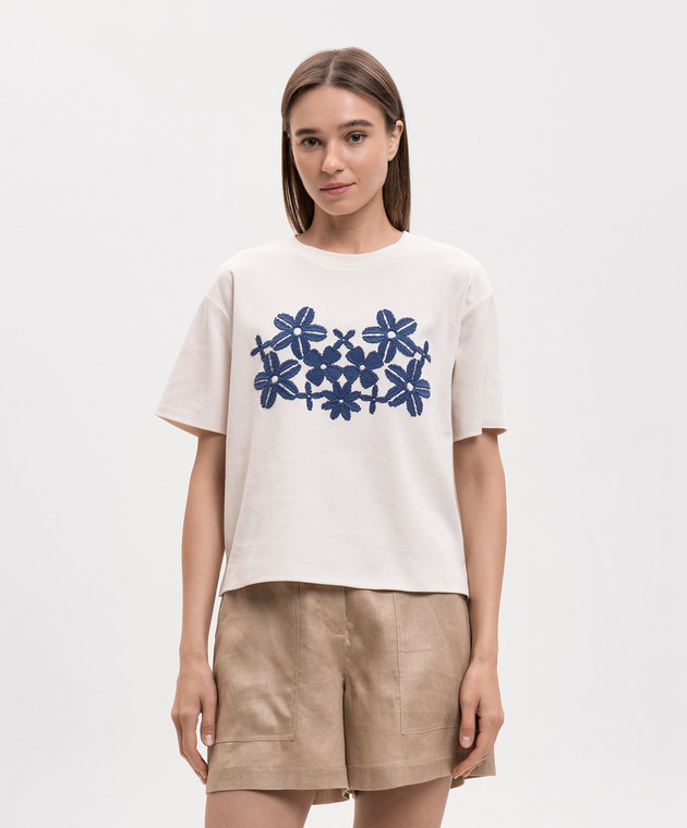Max Mara Weekend Бежевая футболка WKDSABATO с цветочной вышивкой WKDSABATO изображение 3
