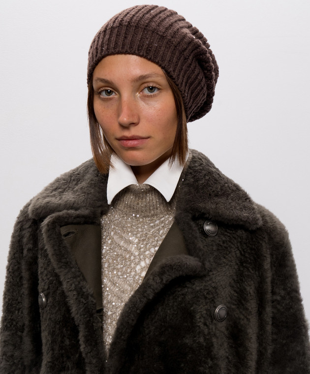 Brunello Cucinelli Коричневая шапка из кашемира и шелка с пайетками M32373999 изображение 2