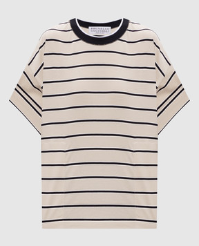 Brunello Cucinelli Бежева футболка в смужку з кишенями MQ984ES810