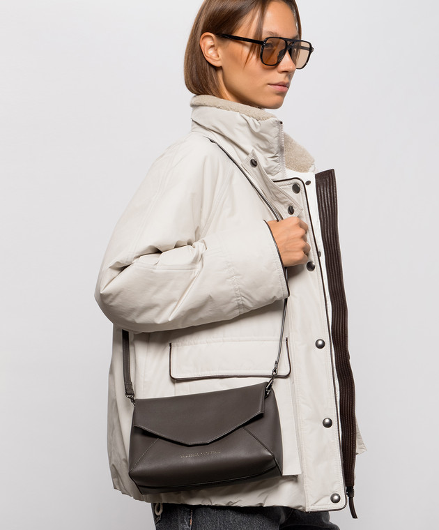 Brunello Cucinelli Коричнева шкіряна сумка крос-боді з принтом логотипа MBXAB2836 зображення 2