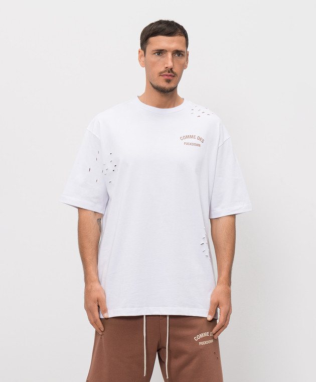 Comme des Fuckdown Біла футболка з принтом логотипа та проріхами FMS6CFABM01923 зображення 3