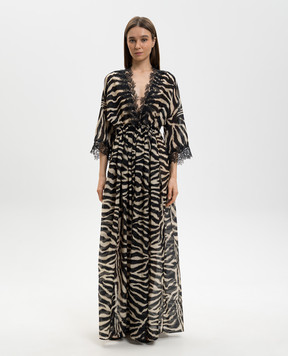Ermanno Scervino Life Чорна сукня-кімоно максі в анімалістичний принт з мереживом D484Q702YAJI