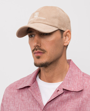Brunello Cucinelli Бежева замшева кепка з вишивкою емблеми MPCLF9850