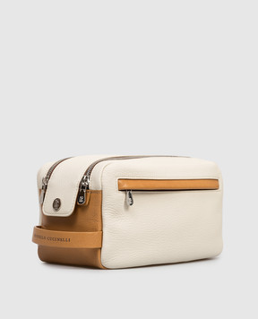 Brunello Cucinelli Бежевий шкіряний несесер з принтом логотипа MWATBU334