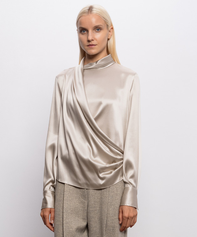 Brunello Cucinelli Бежевая блуза из шелка с драпировкой M0C59B1T14 изображение 3