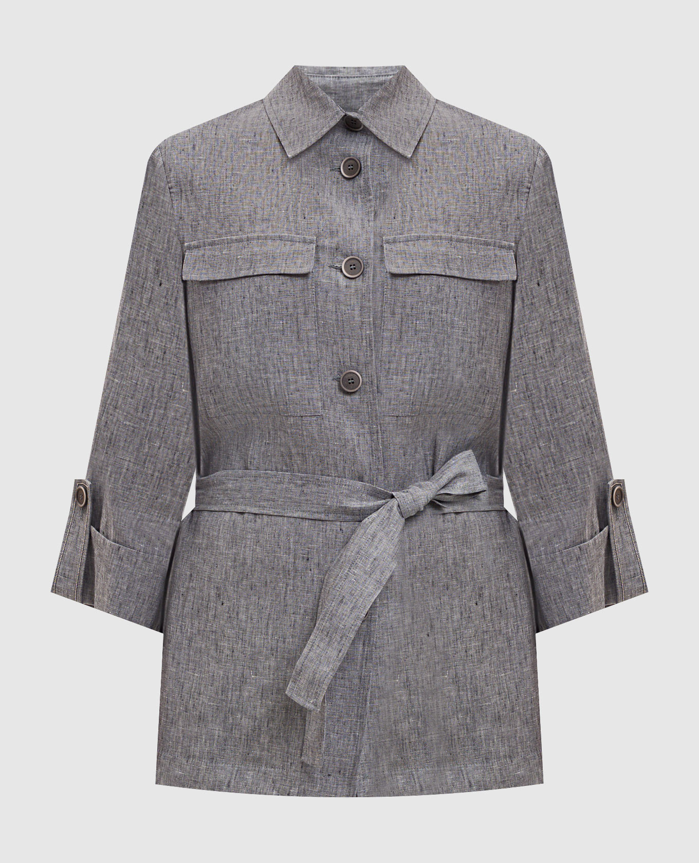 Серая рубашка из льна с поясом