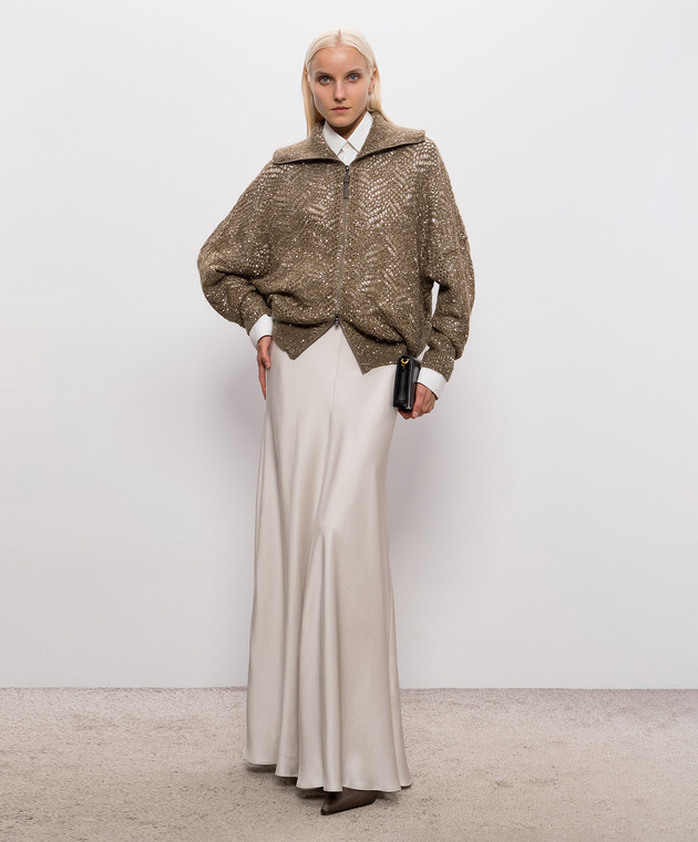 Brunello Cucinelli Ажурний кардиган кольору хакі з паєтками MRG562516 зображення 2
