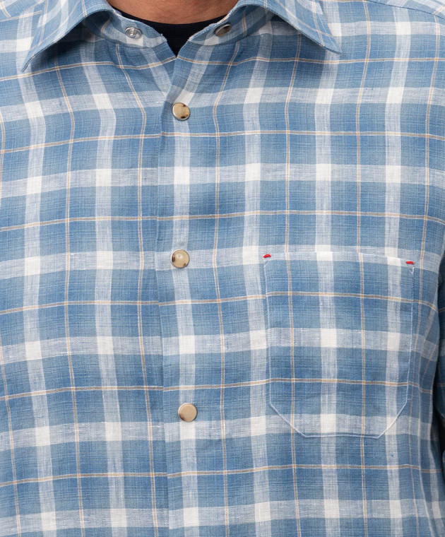 Kiton Голубая рубашка из льна в клетку UMCNERHH09617 изображение 5