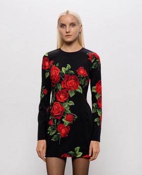 Dolce&Gabbana Черное платье мини с шелком в принт F623STFSA9R