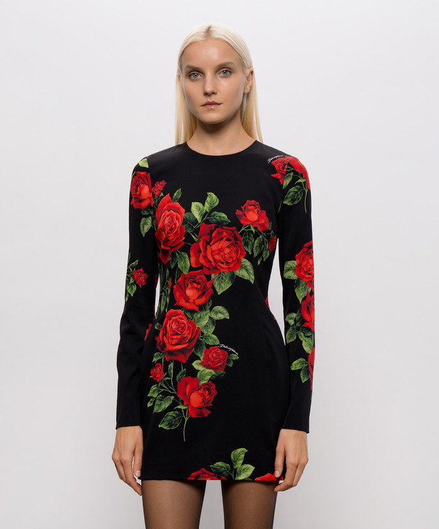Dolce&Gabbana Чорна сукня міні з шовком в принт F623STFSA9R зображення 3