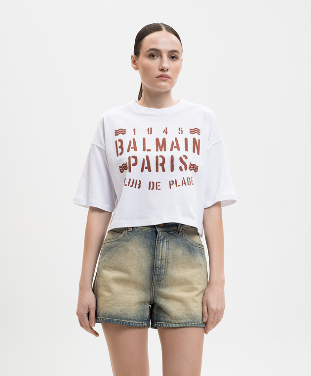 Balmain Белая укороченная футболка с принтом GF0EE145BD55 изображение 3