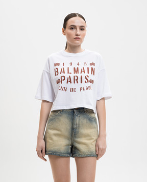 Balmain Біла укорочена футболка з принтом GF0EE145BD55