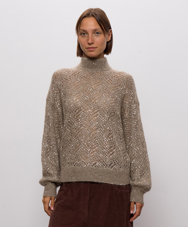 Brunello Cucinelli Коричневий ажурний светр MRG562504 зображення 3