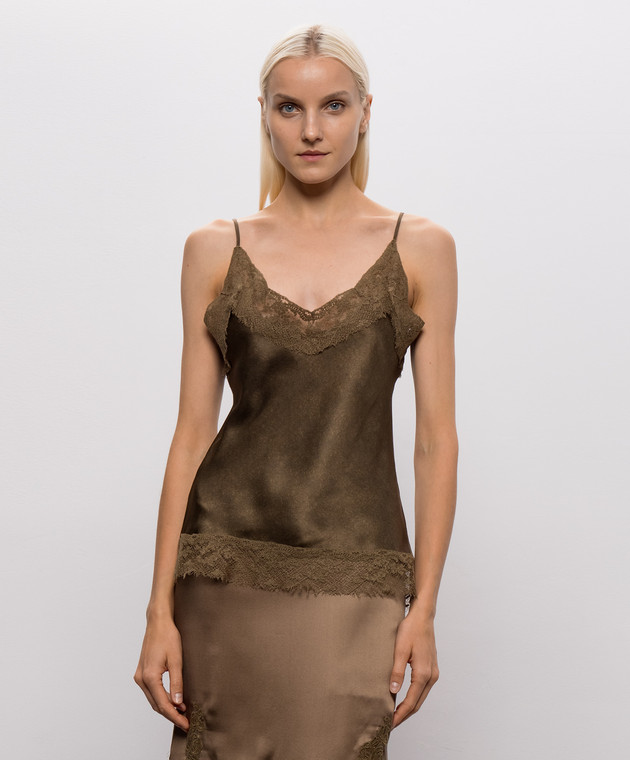 Ermanno Scervino Топ цвета хаки из шелка с кружевом D492L709APFWY изображение 3