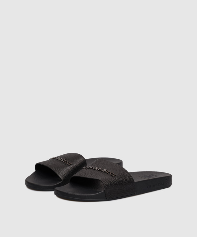 Stefano Ricci Чорні шкіряні слайдери з фактурним логотипом UG31G761VD зображення 2
