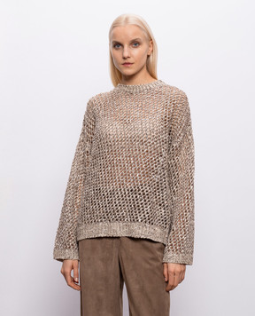 Brunello Cucinelli Бежевый ажурный джемпер с шелком и льном с пайетками MEA345600P