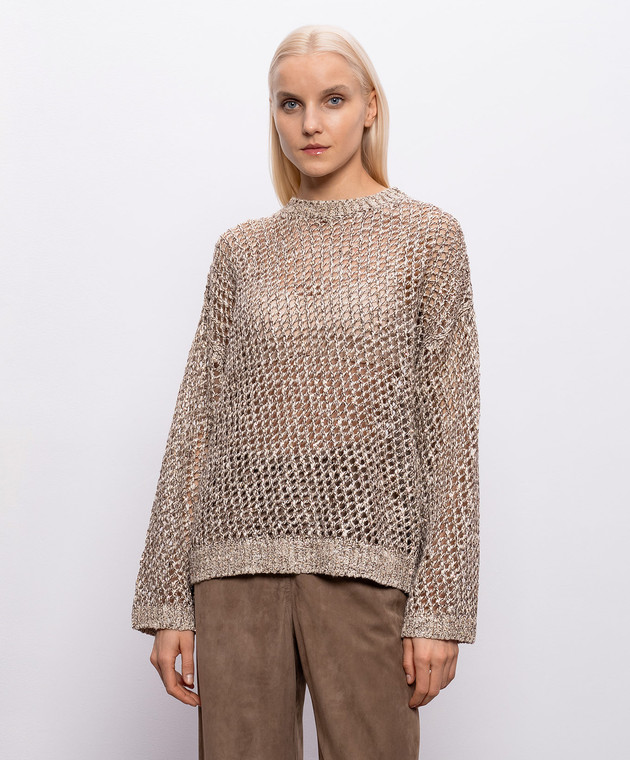 Brunello Cucinelli Бежевый ажурный джемпер с шелком и льном с пайетками MEA345600P изображение 3