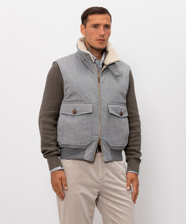 Brunello Cucinelli Сірий пуховий жилет з вовни з хутром MM4701624 зображення 3