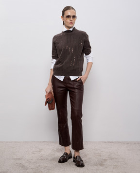 Brunello Cucinelli Коричневые кожаные брюки клеш M0V32P9048