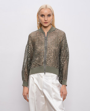 Brunello Cucinelli Ажурний кардиган кольору хакі із шовку та льону в паєтки MCBR11806