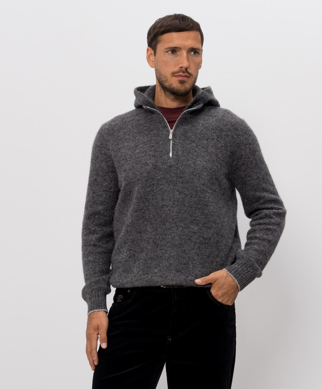 Brunello Cucinelli Серый свитер с шерстью альпаки и кашемиром с капюшоном MTF709909 изображение 3