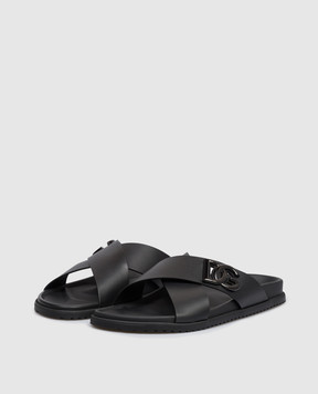 Dolce&Gabbana Черные кожаные шлепки с фактурной монограммой логотипа A80525A9Q67