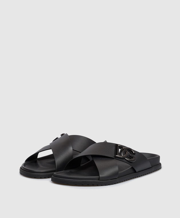 Dolce&Gabbana Черные кожаные шлепки с фактурной монограммой логотипа A80525A9Q67 изображение 2