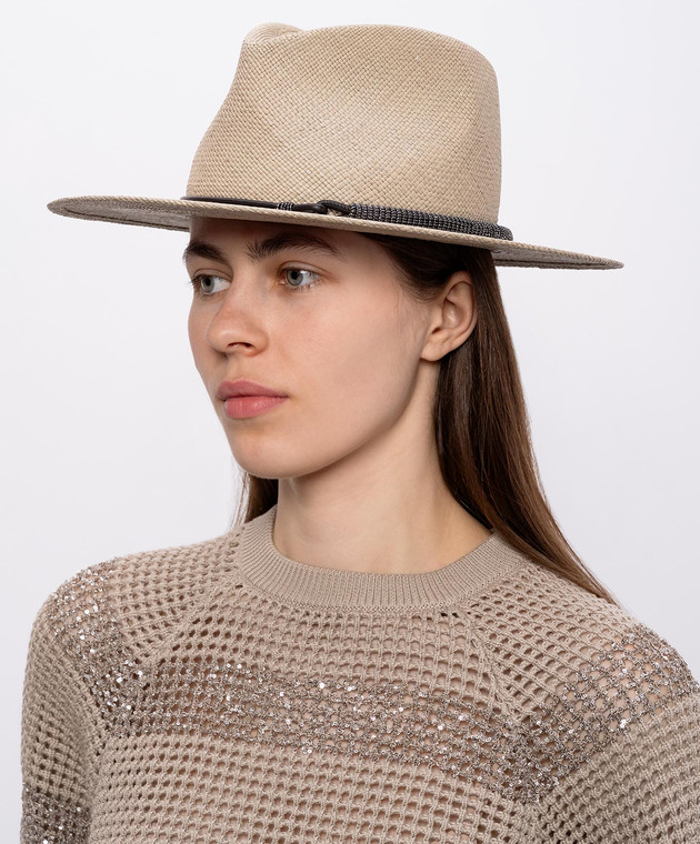 Brunello Cucinelli Бежевий солом'яний капелюх-федора з ланцюжком моніль MCAP90036 зображення 2