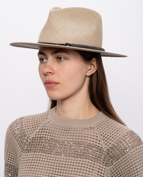 Brunello Cucinelli Бежевий солом'яний капелюх-федора з ланцюжком моніль MCAP90036