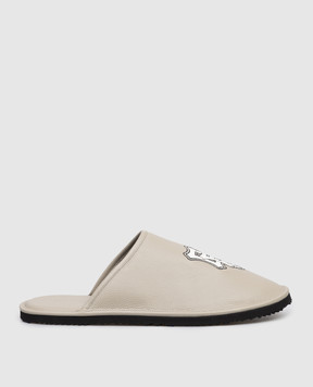 Off-White Бежеві шкіряні капці з вишивкою логотипа OMIJ00BS26LEA002