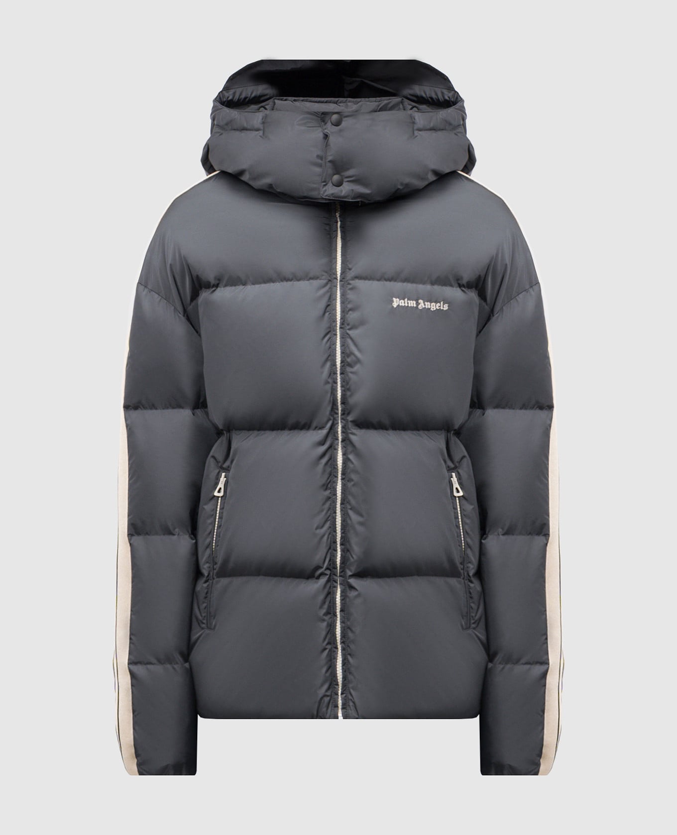 Серый пуховик с логотипом