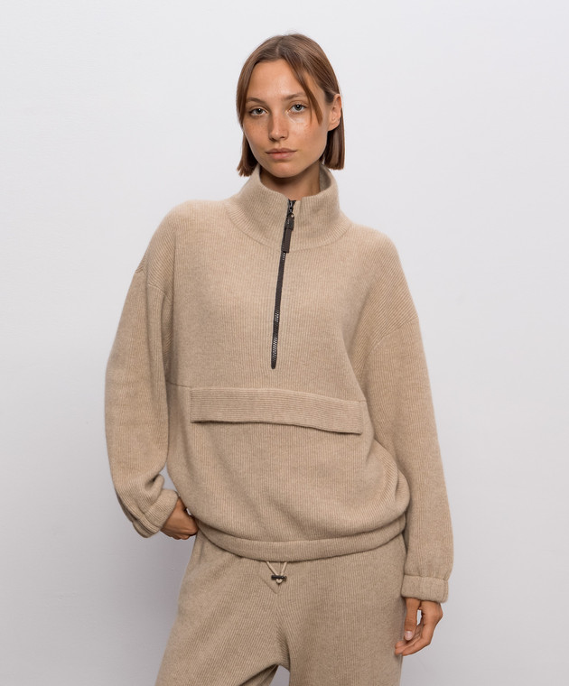Brunello Cucinelli Бежевий светр з кашеміру на блискавці M12250004P зображення 3