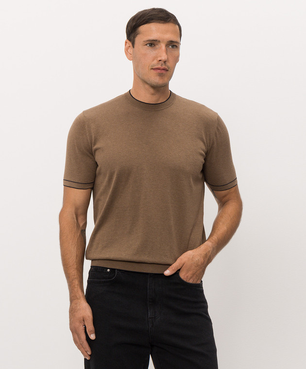 Bertolo Cashmere Коричневая футболка с контрастным окантованием 902204002056 изображение 3