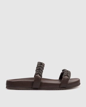 Brunello Cucinelli Коричневі шкіряні шльопанці з ланцюжком моніль MZGAG3159