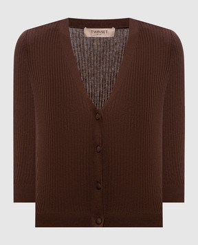 Twinset Коричневий укорочений кардиган в рубчик з шовком 261TT3182