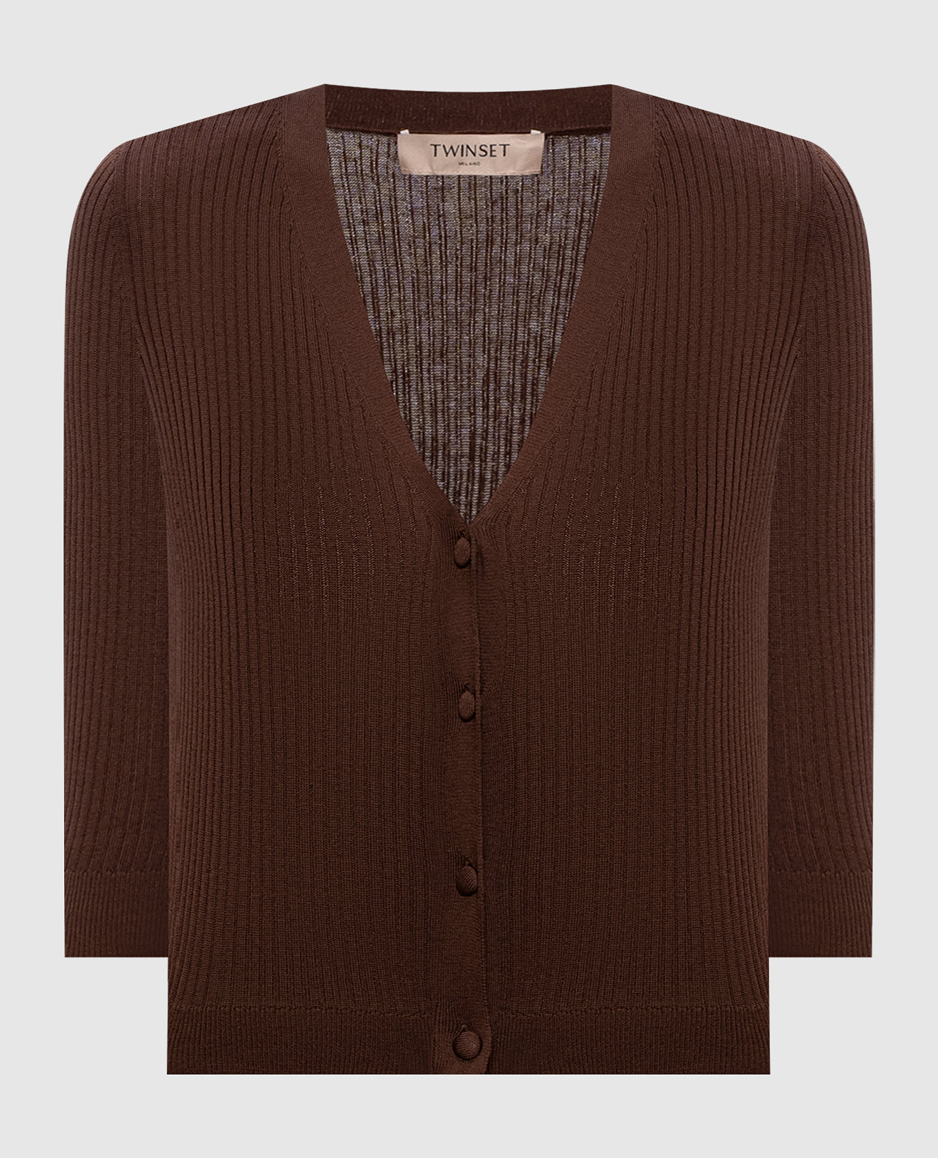 Коричневый укороченный кардиган в рубчик с шелком