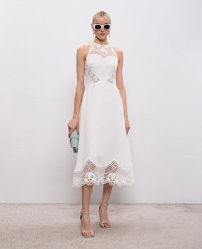 Twinset Белое платье миди с леном с ажурными вставками 261TT2241