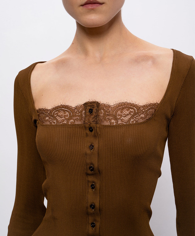 Saint Laurent Коричневий топ із шовку з мереживом 867253Y37SM зображення 5