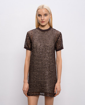 Brunello Cucinelli Коричнева ажурна сукня із шовку та льону з паєтками MCBR11A90