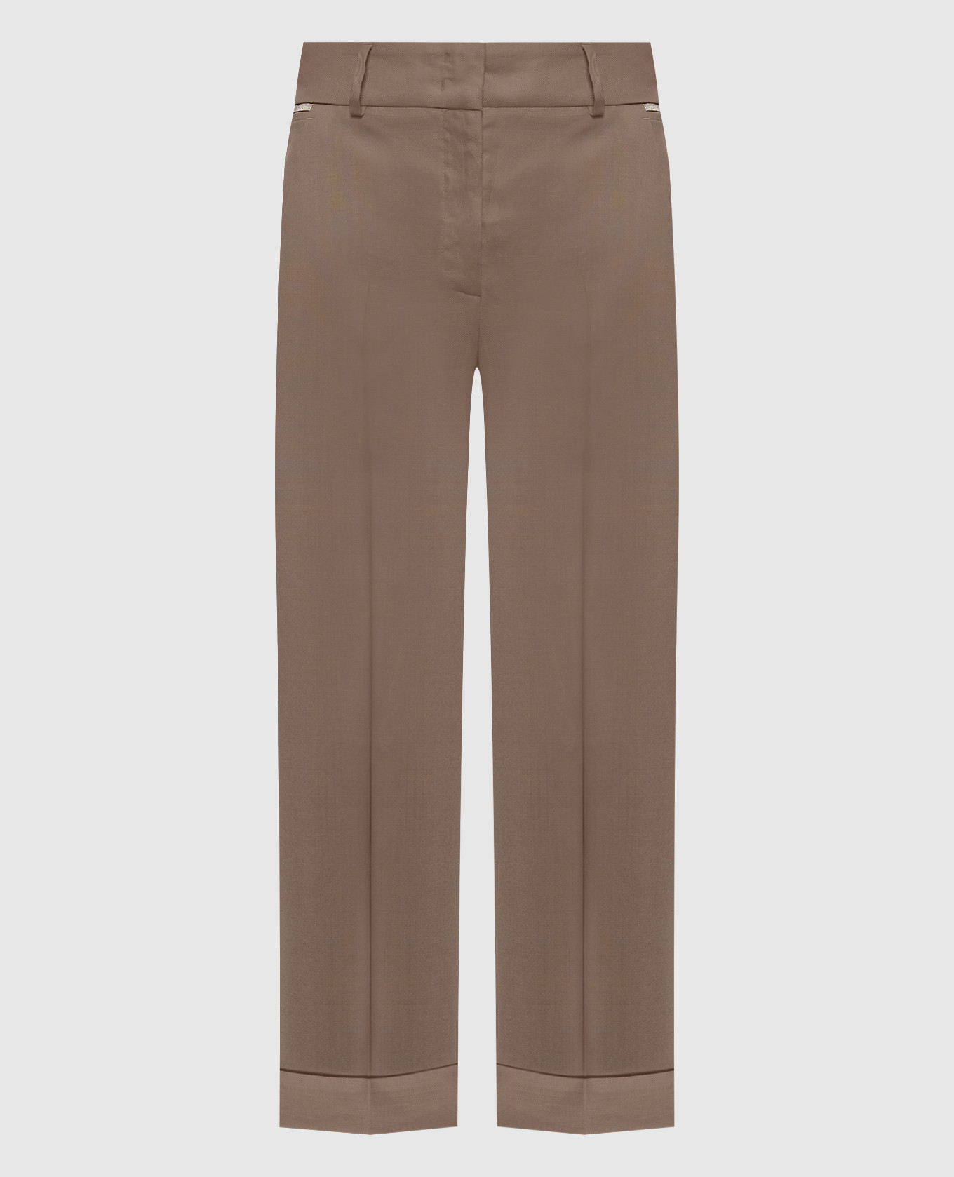 

Коричневые брюки из шерсти с отворотами, Коричневый, Зауженные брюки