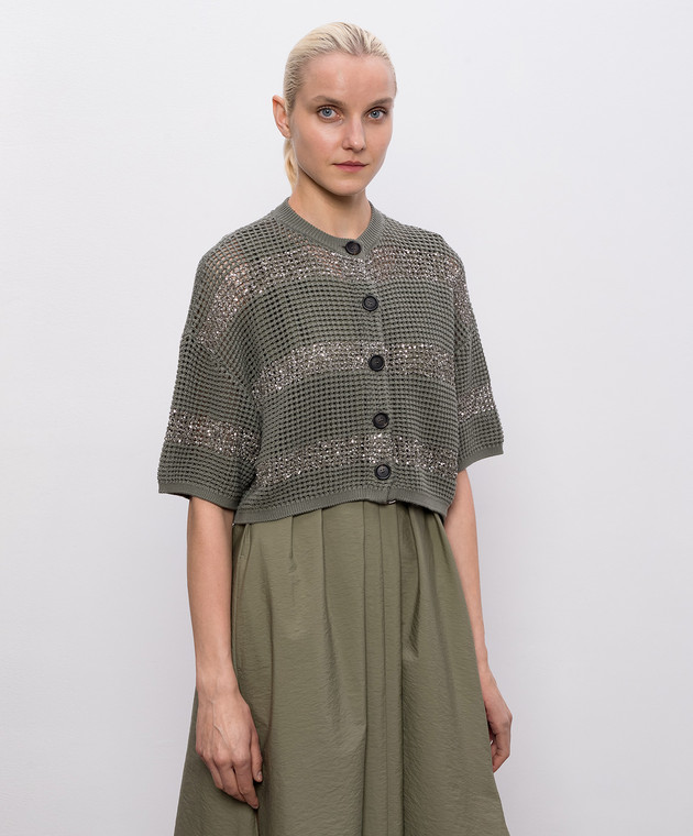 Brunello Cucinelli Зелений укорочений кардиган з паєтками M58772826 зображення 3
