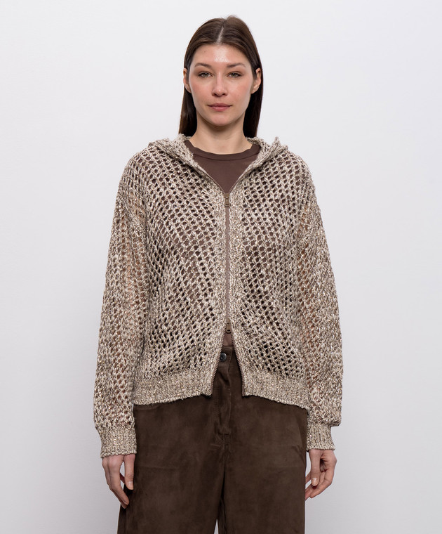 Brunello Cucinelli Коричневый ажурный кардиган с шелком и льном MEA345606P изображение 3
