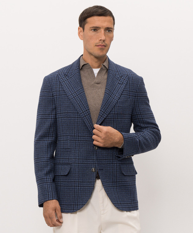 Brunello Cucinelli Синий пиджак из кашемира в клетку MV4667BFD5 изображение 3