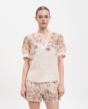 Twinset Бежевая блуза из льна в цветочный принт 261TT2573