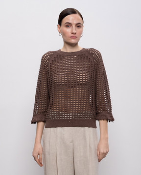 Peserico Коричневый ажурный джемпер с пайетками и бахромой A99047F0709110