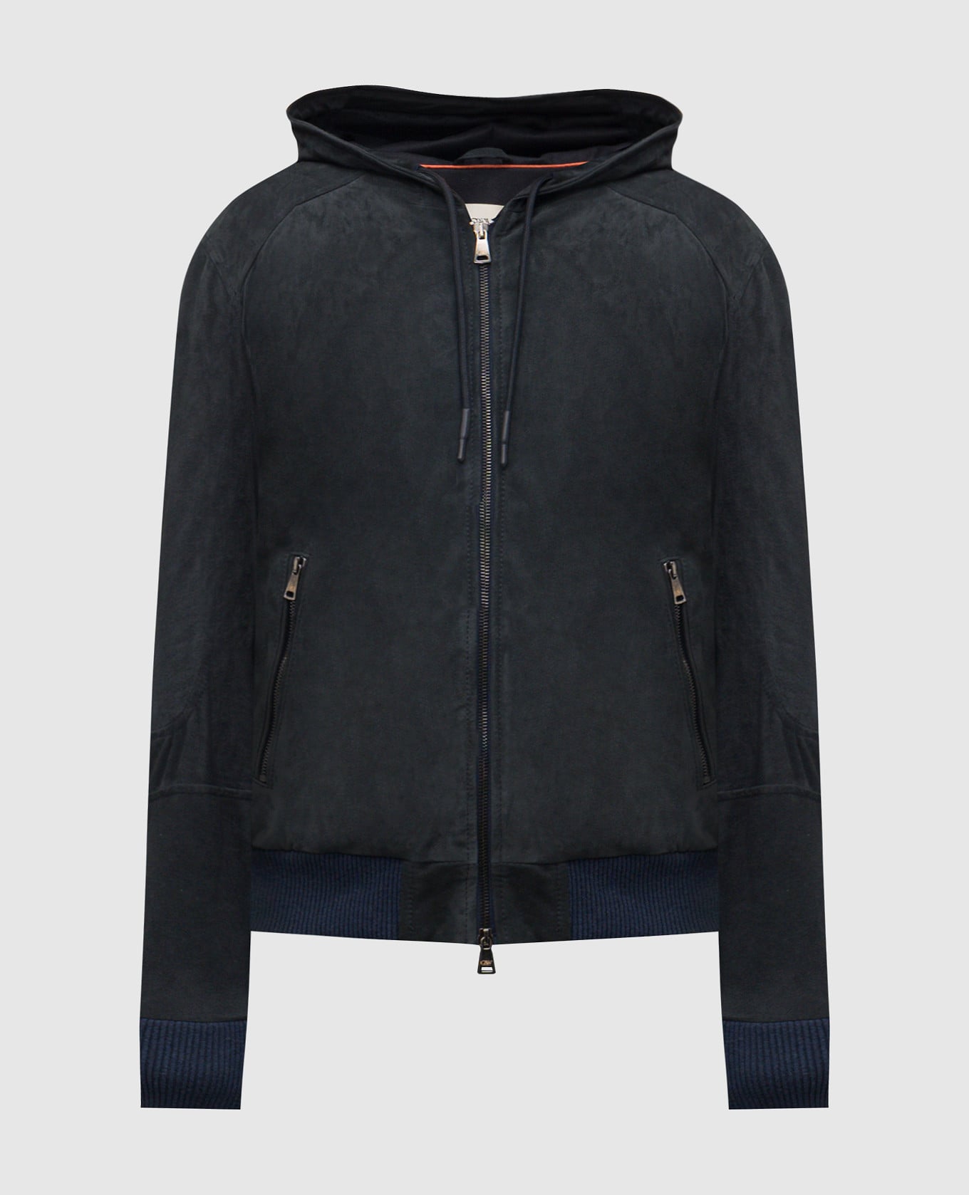 Синяя замшевая куртка с капюшоном